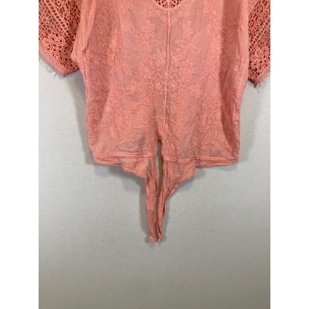 Boho Lane Bryant Womens 18/20 Coral Peach Embroidered Crochet Tie Front Blouse - Picture 8 of 10